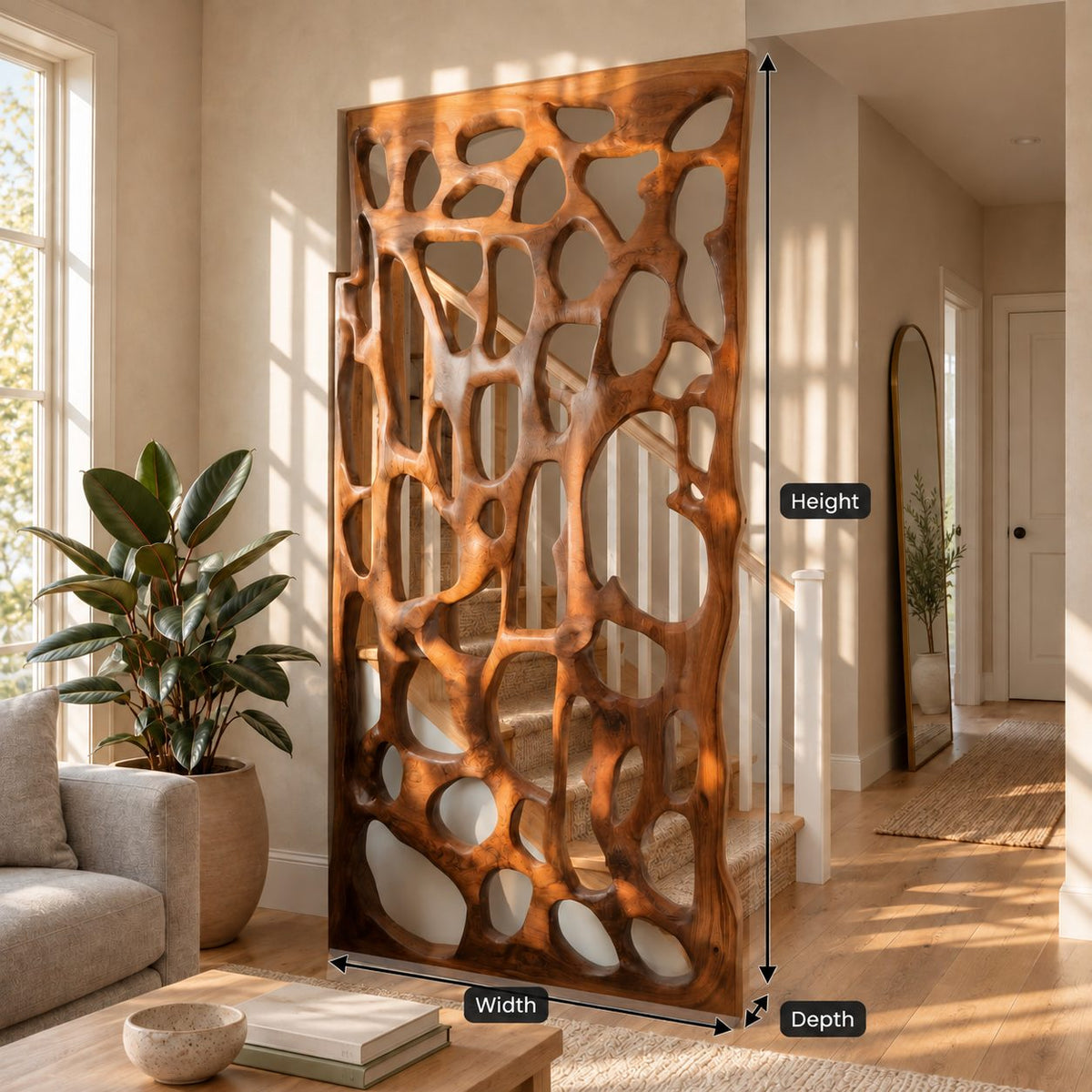 Wooden Room Divider Screen with Organic Carved Cutouts, Sculptural Openwork Privacy Panel