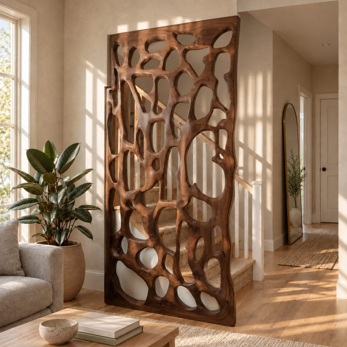 Wooden Room Divider Screen with Organic Carved Cutouts, Sculptural Openwork Privacy Panel