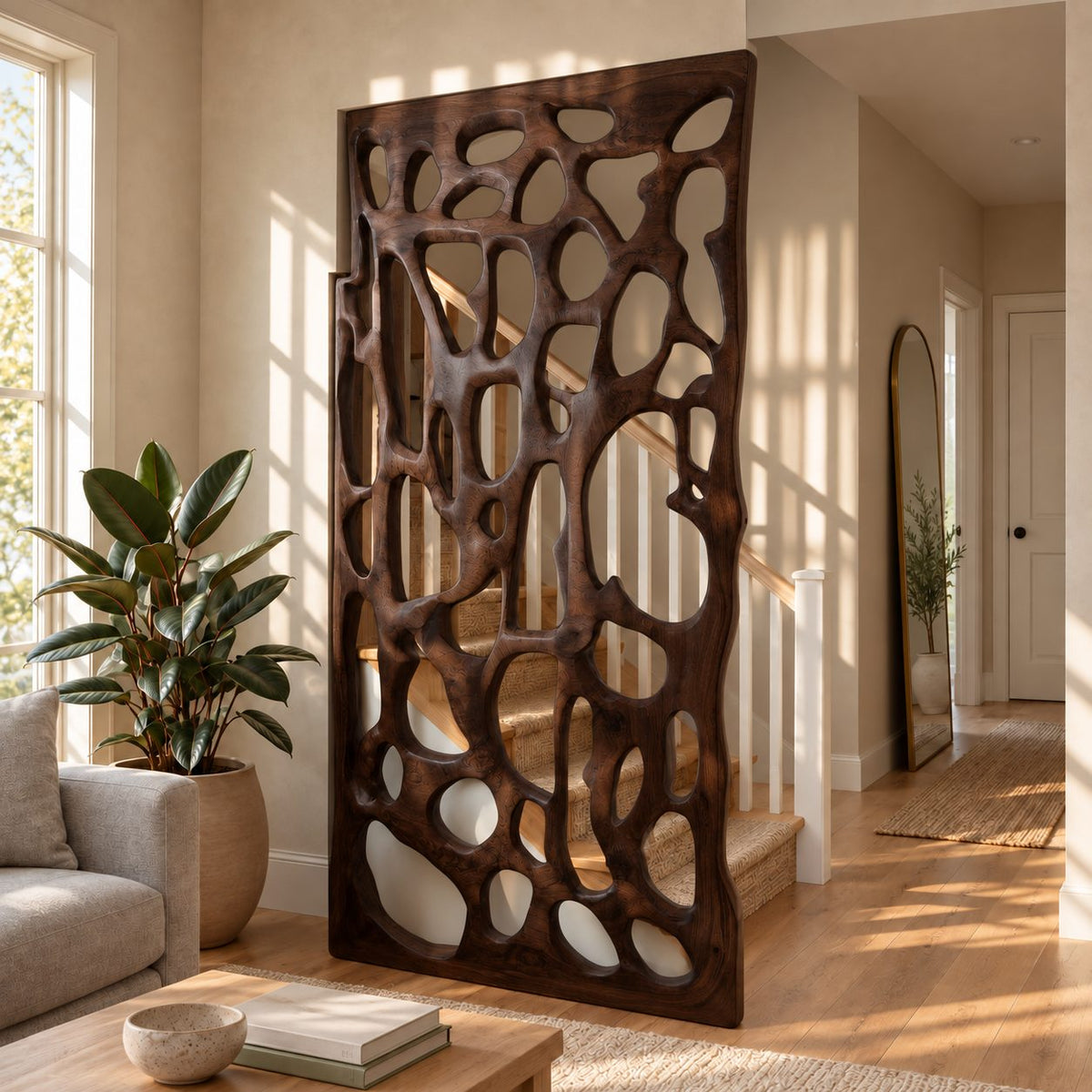 Wooden Room Divider Screen with Organic Carved Cutouts, Sculptural Openwork Privacy Panel