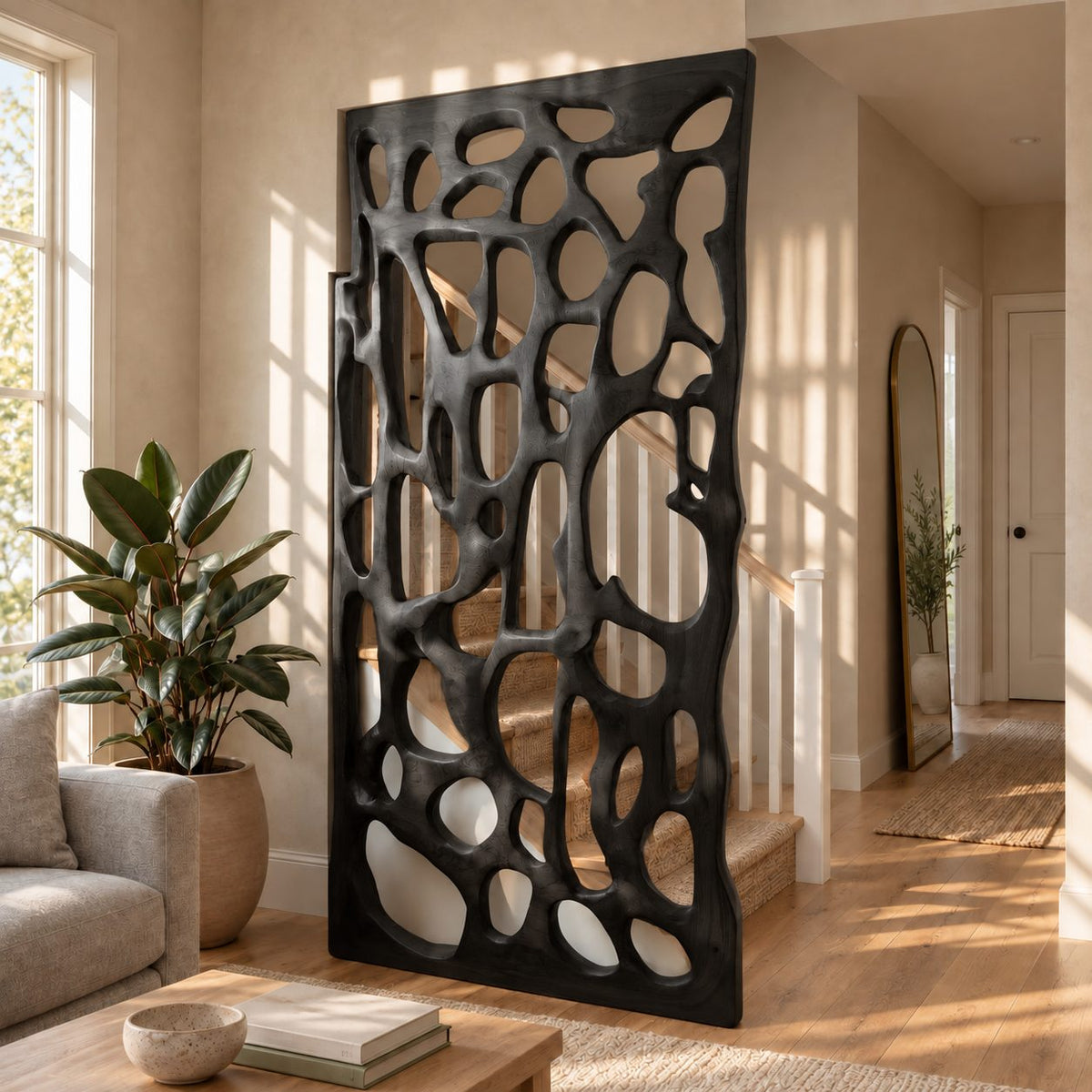 Wooden Room Divider Screen with Organic Carved Cutouts, Sculptural Openwork Privacy Panel