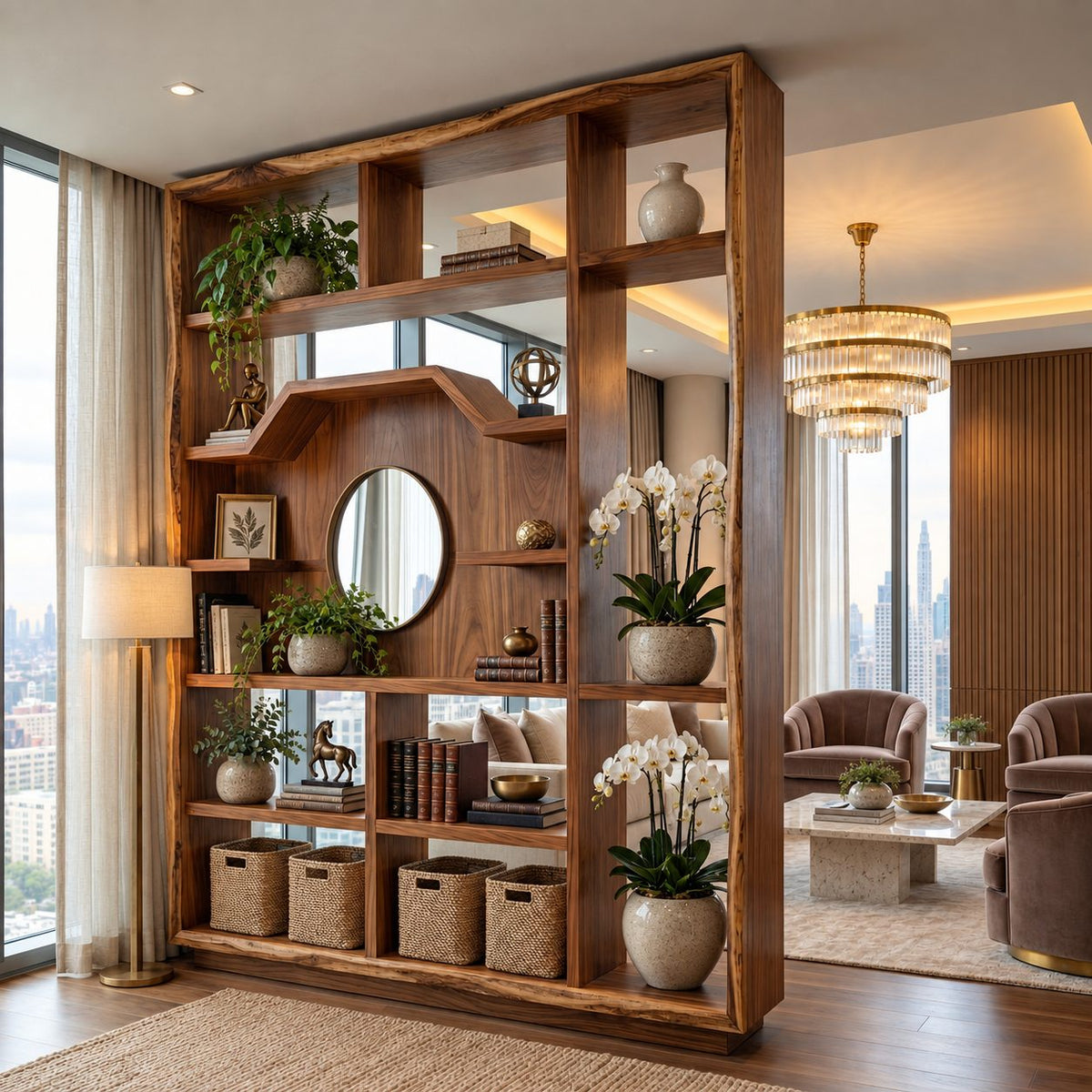 Room Divider Bookcase with Arched Center Panel and Open Grid Shelves, Mid Century Display Divider