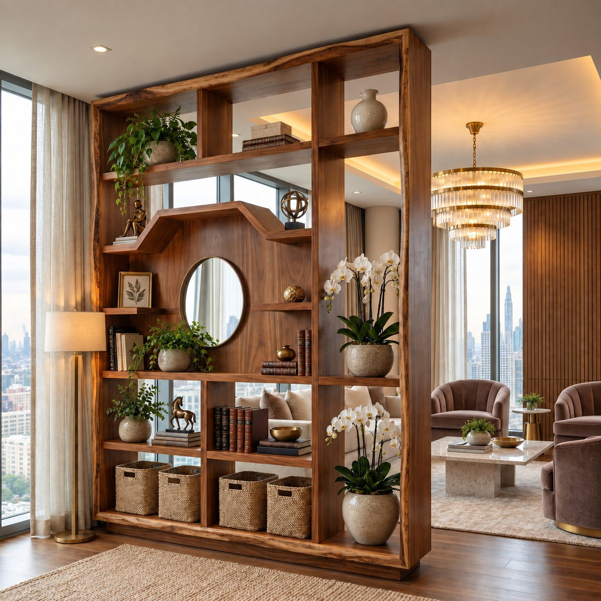Room Divider Bookcase with Arched Center Panel and Open Grid Shelves, Mid Century Display Divider