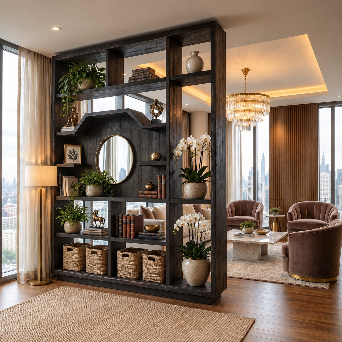 Room Divider Bookcase with Arched Center Panel and Open Grid Shelves, Mid Century Display Divider