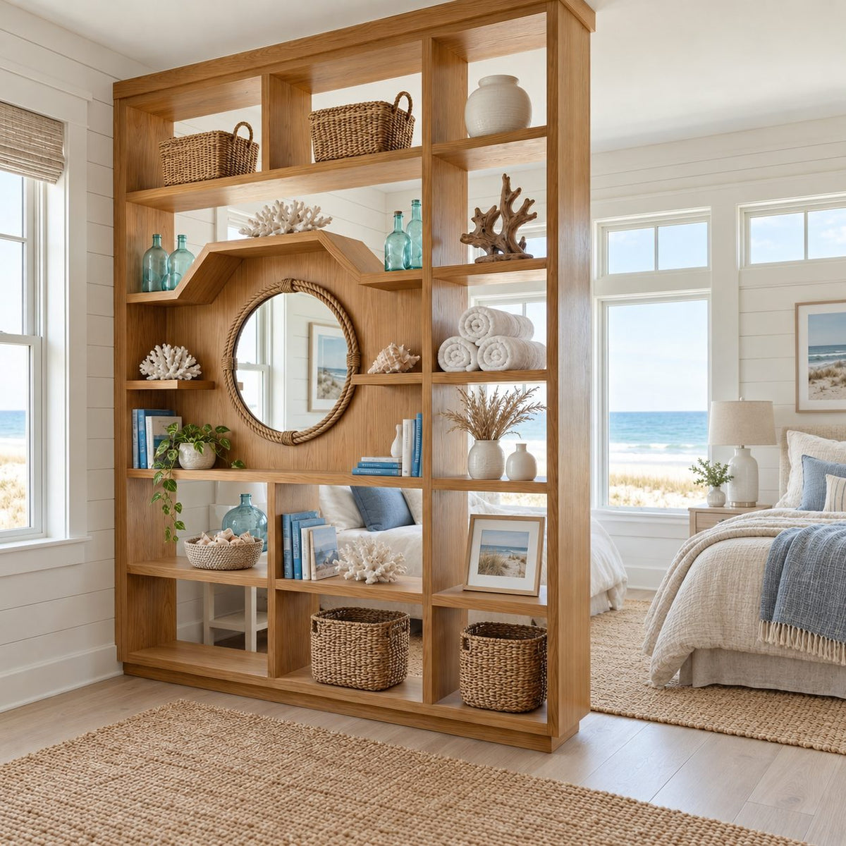 Room Divider Bookcase with Arched Center Panel and Open Grid Shelves, Mid Century Display Divider