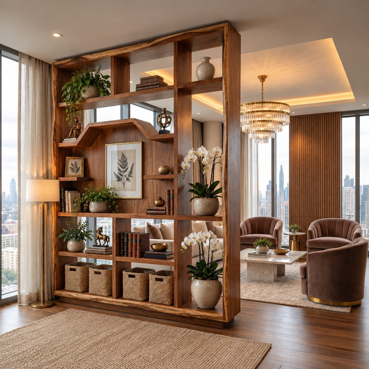 Room Divider Bookcase with Arched Center Panel and Open Grid Shelves, Mid Century Display Divider