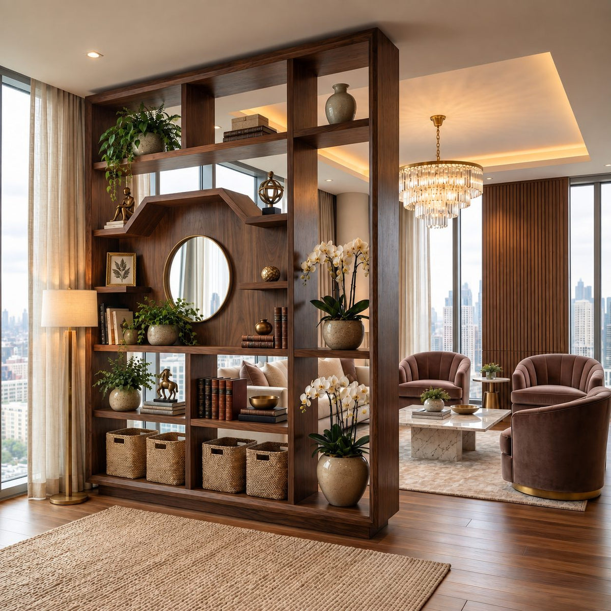 Room Divider Bookcase with Arched Center Panel and Open Grid Shelves, Mid Century Display Divider