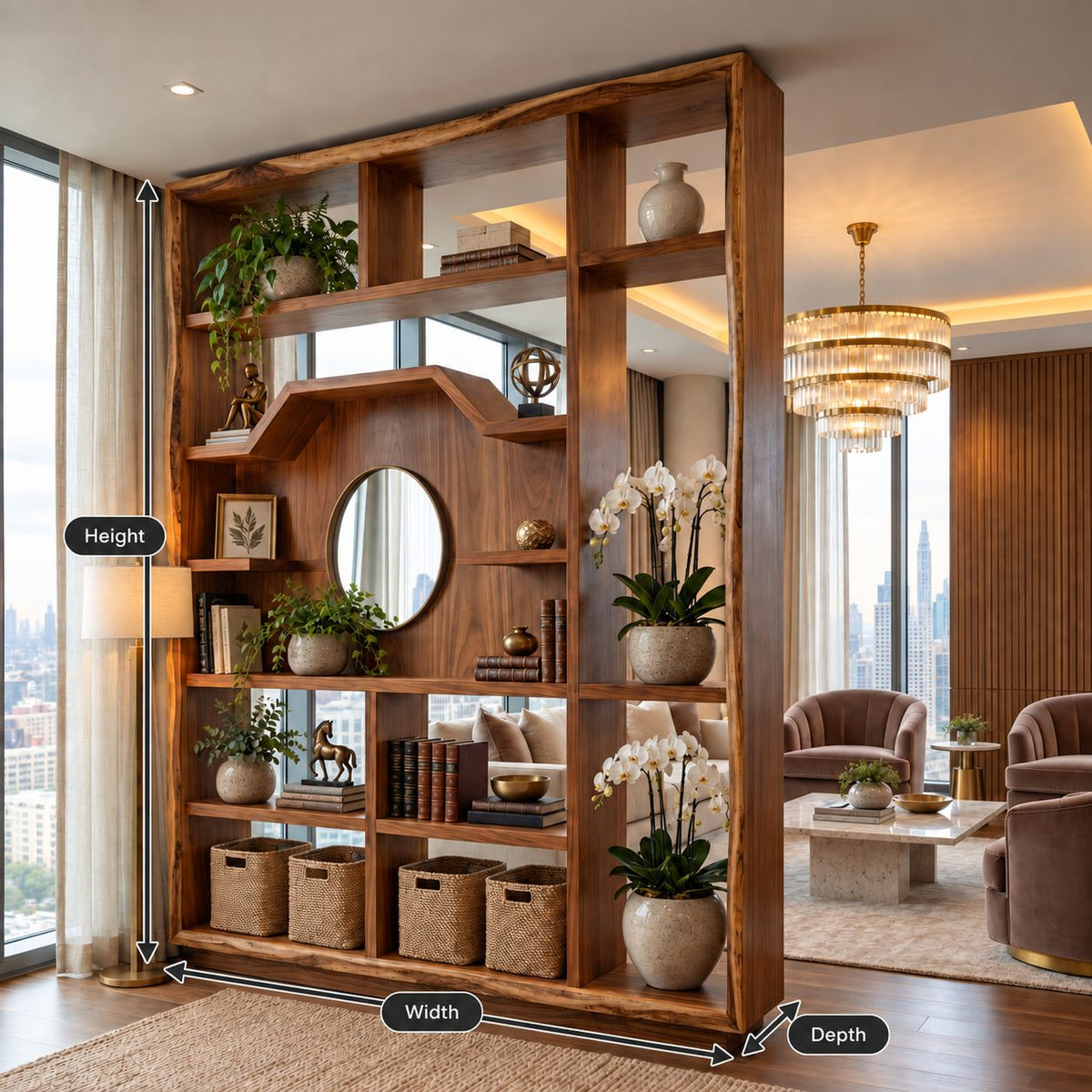 Room Divider Bookcase with Arched Center Panel and Open Grid Shelves, Mid Century Display Divider