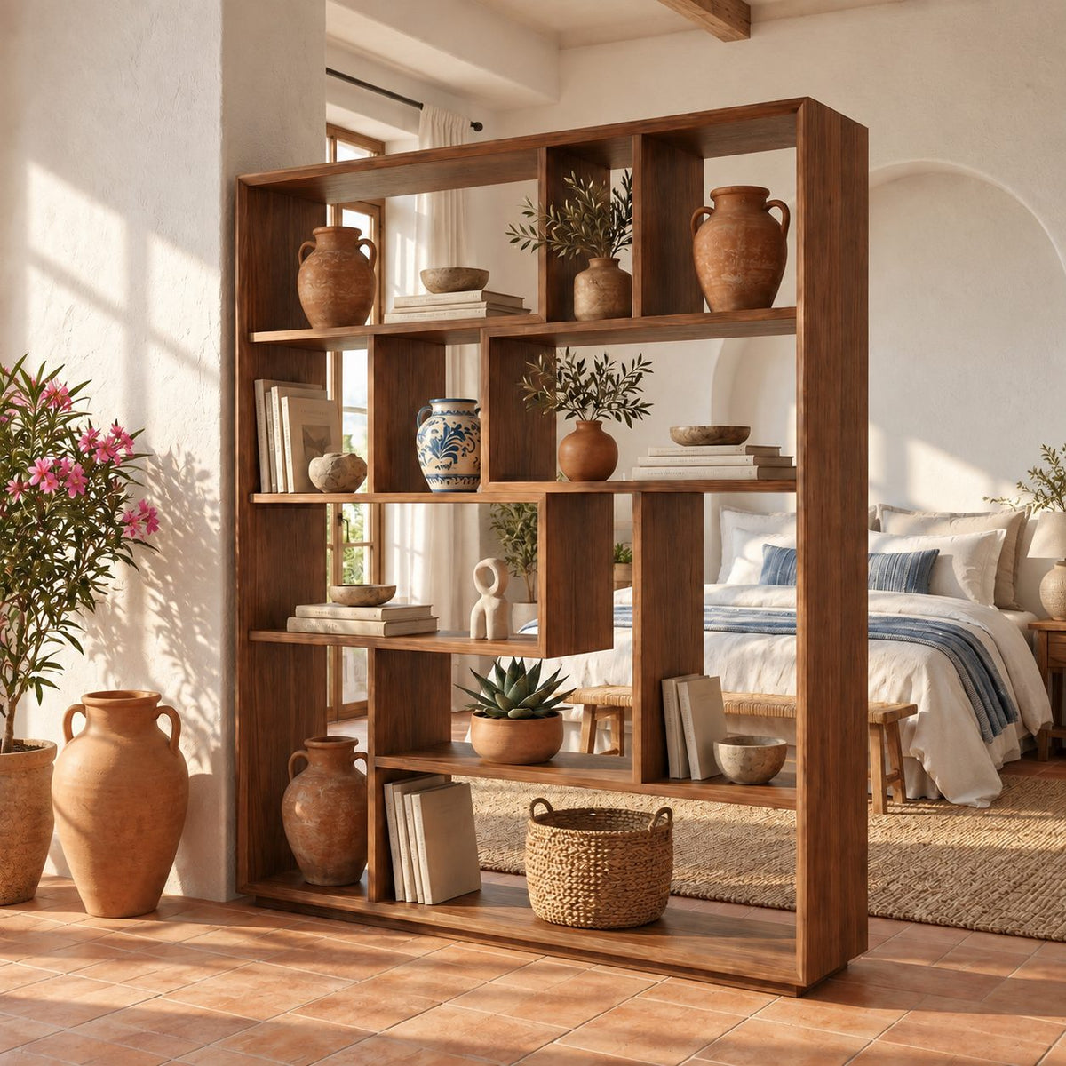 Room Divider Bookcase with Asymmetric Open Cubbies, Mid Century Modern Open Back Display Shelf