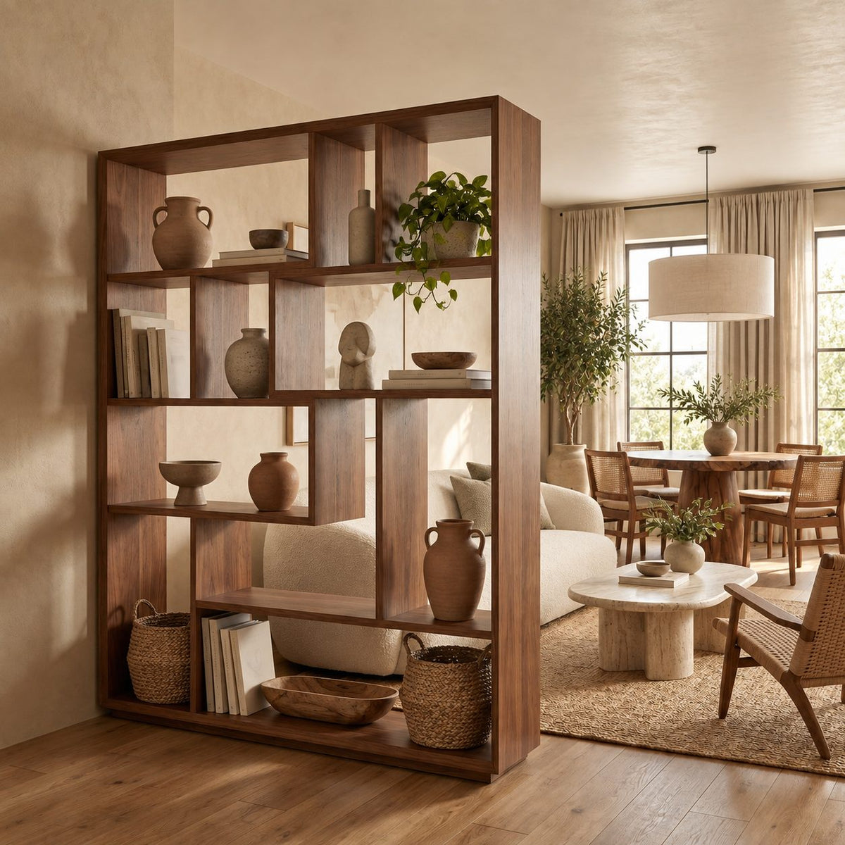 Room Divider Bookcase with Asymmetric Open Cubbies, Mid Century Modern Open Back Display Shelf
