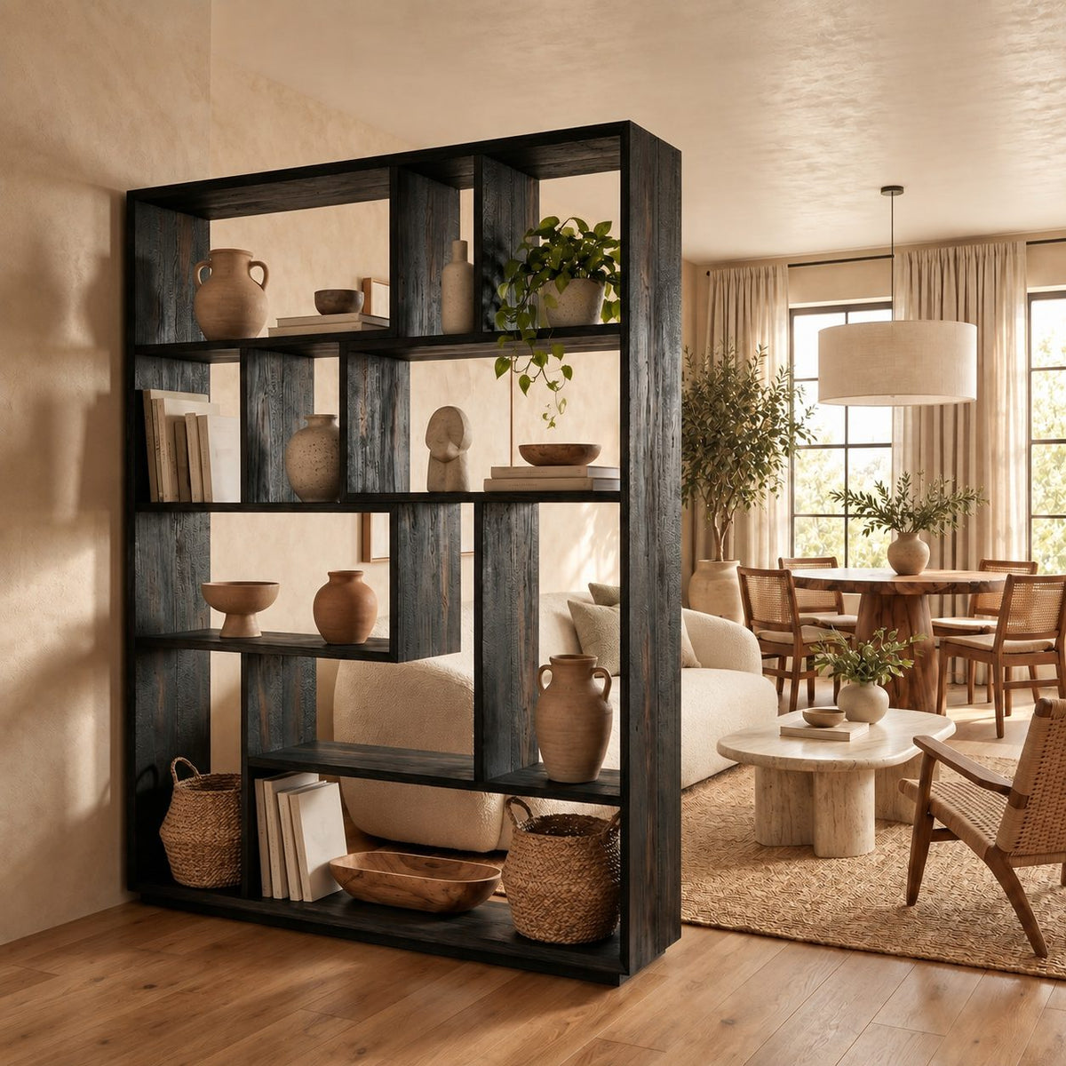 Room Divider Bookcase with Asymmetric Open Cubbies, Mid Century Modern Open Back Display Shelf