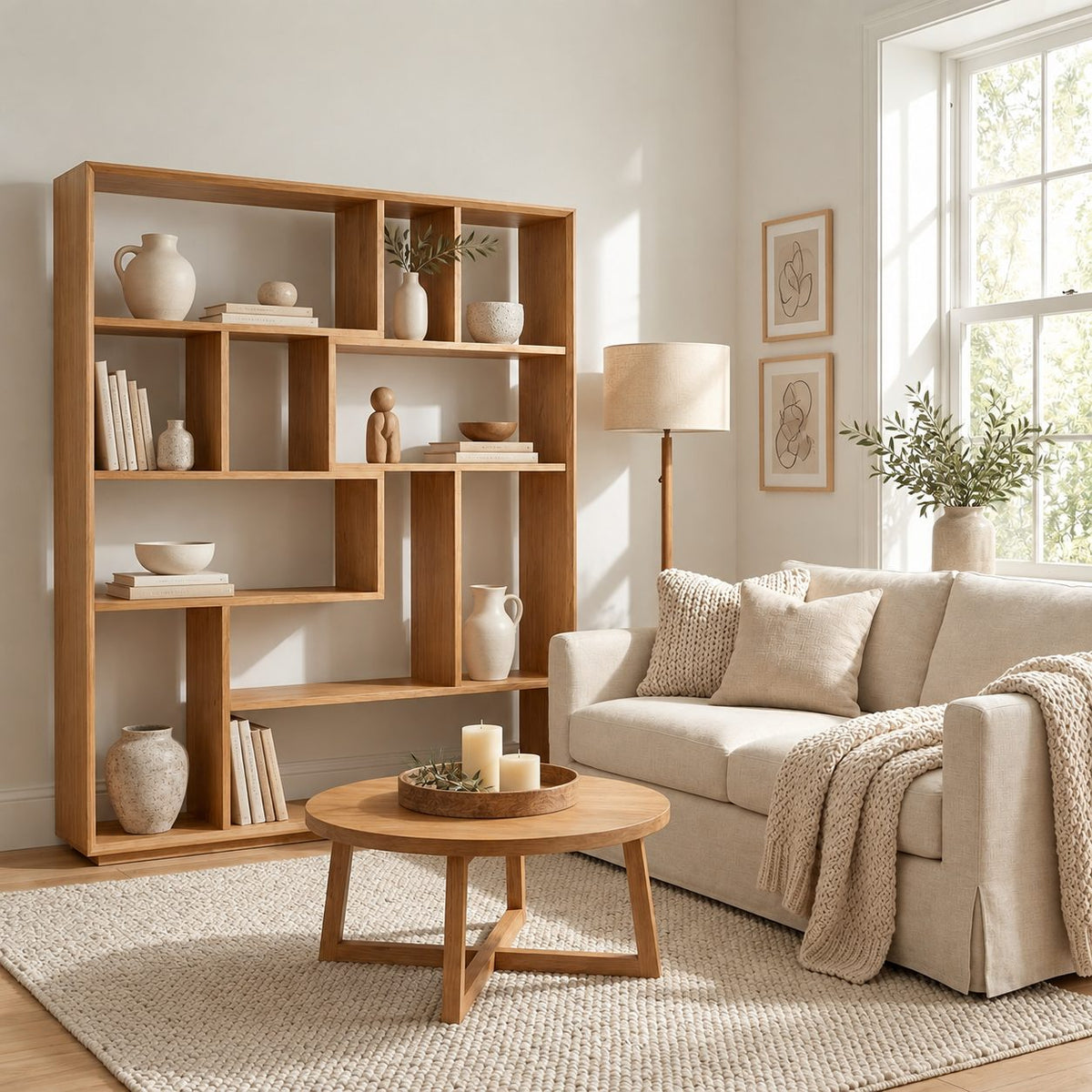 Room Divider Bookcase with Asymmetric Open Cubbies, Mid Century Modern Open Back Display Shelf