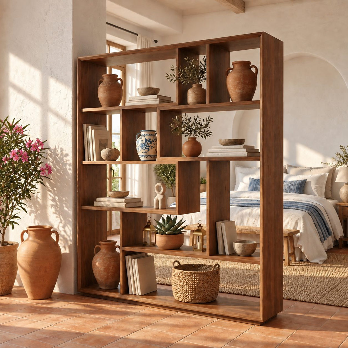 Room Divider Bookcase with Asymmetric Open Cubbies, Mid Century Modern Open Back Display Shelf