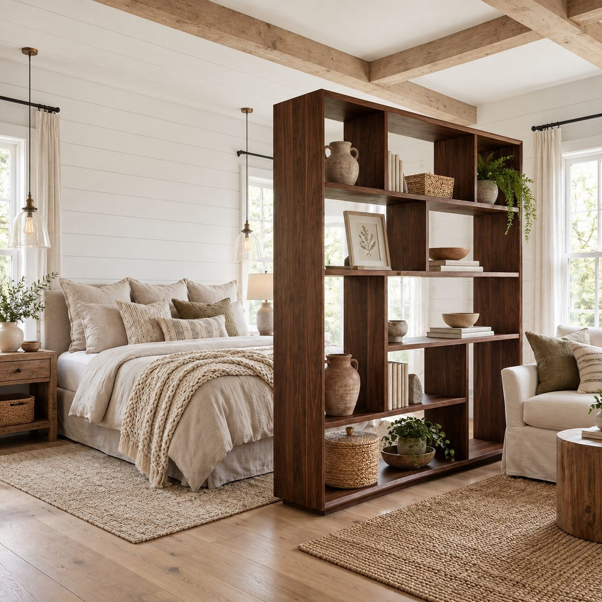 Room Divider Bookcase with Asymmetric Open Cubbies, Mid Century Modern Open Back Display Shelf