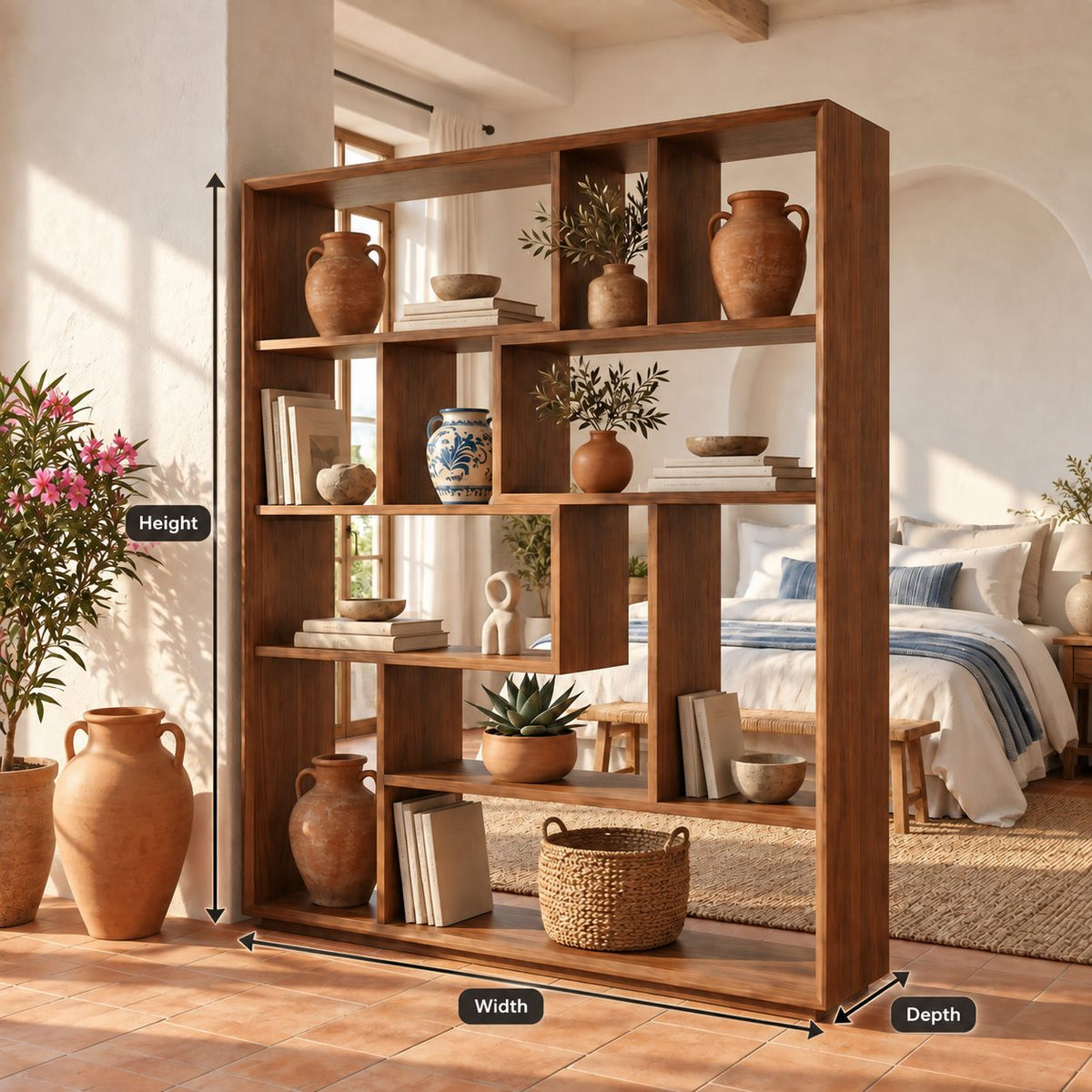 Room Divider Bookcase with Asymmetric Open Cubbies, Mid Century Modern Open Back Display Shelf