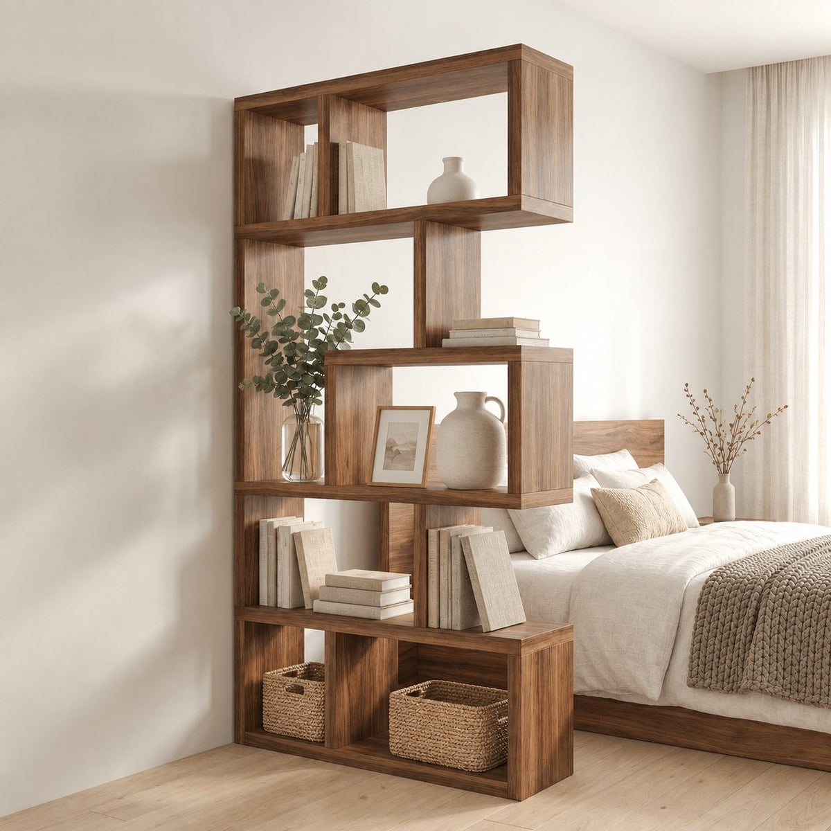 Room Divider Bookshelf with Offset Stacked Cube Cubbies, Narrow Freestanding Mid Century Bookcase
