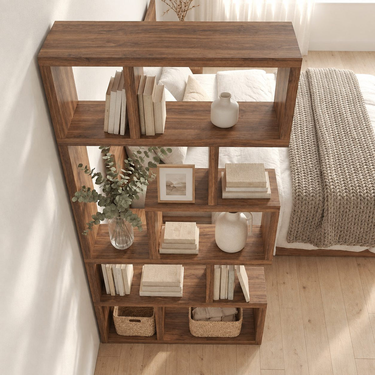 Room Divider Bookshelf with Offset Stacked Cube Cubbies, Narrow Freestanding Mid Century Bookcase