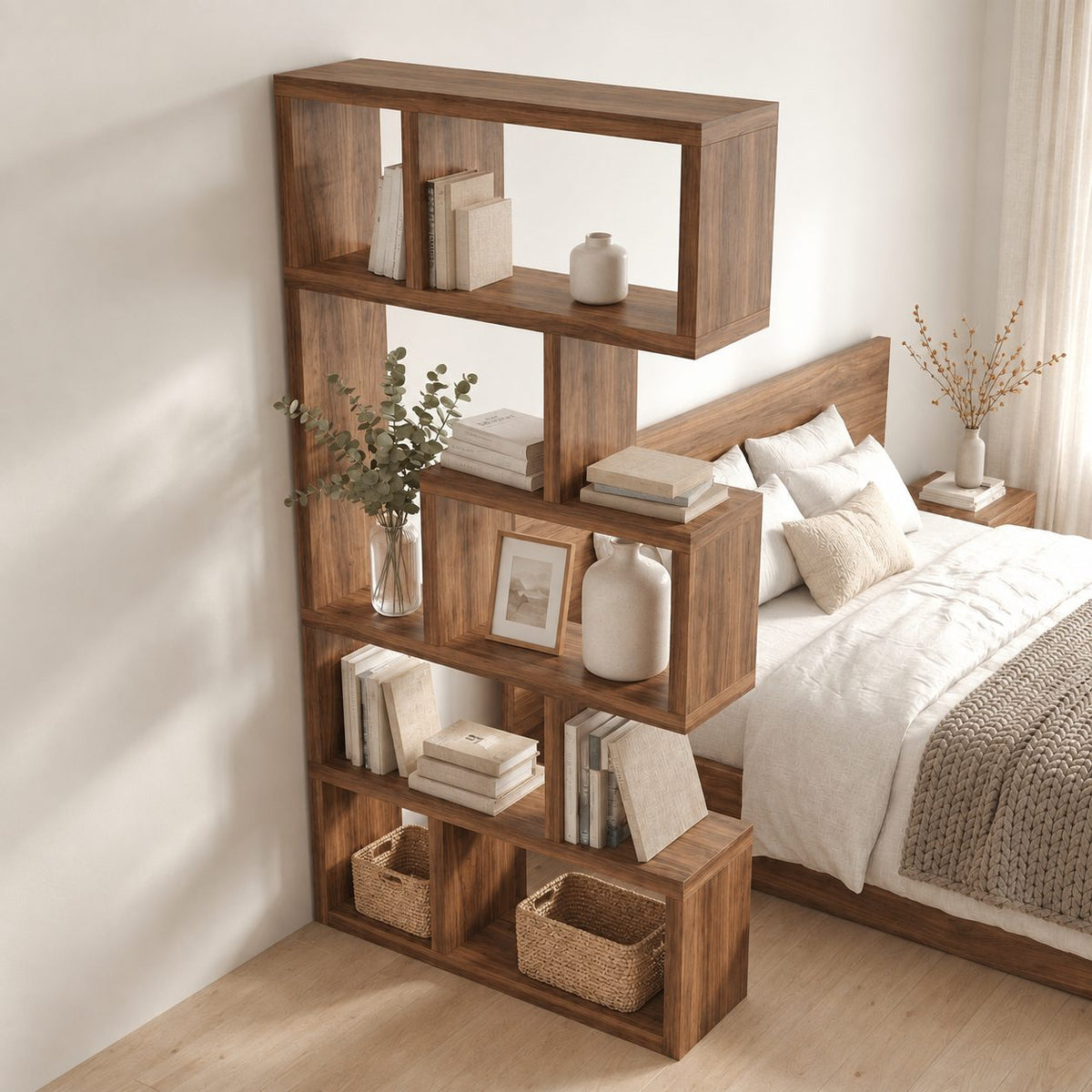 Room Divider Bookshelf with Offset Stacked Cube Cubbies, Narrow Freestanding Mid Century Bookcase