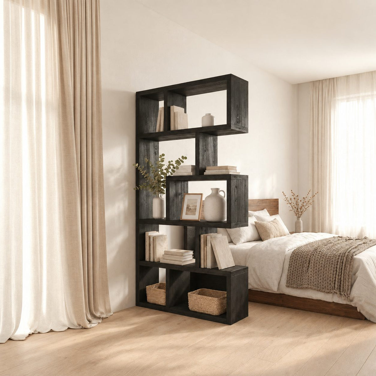 Room Divider Bookshelf with Offset Stacked Cube Cubbies, Narrow Freestanding Mid Century Bookcase