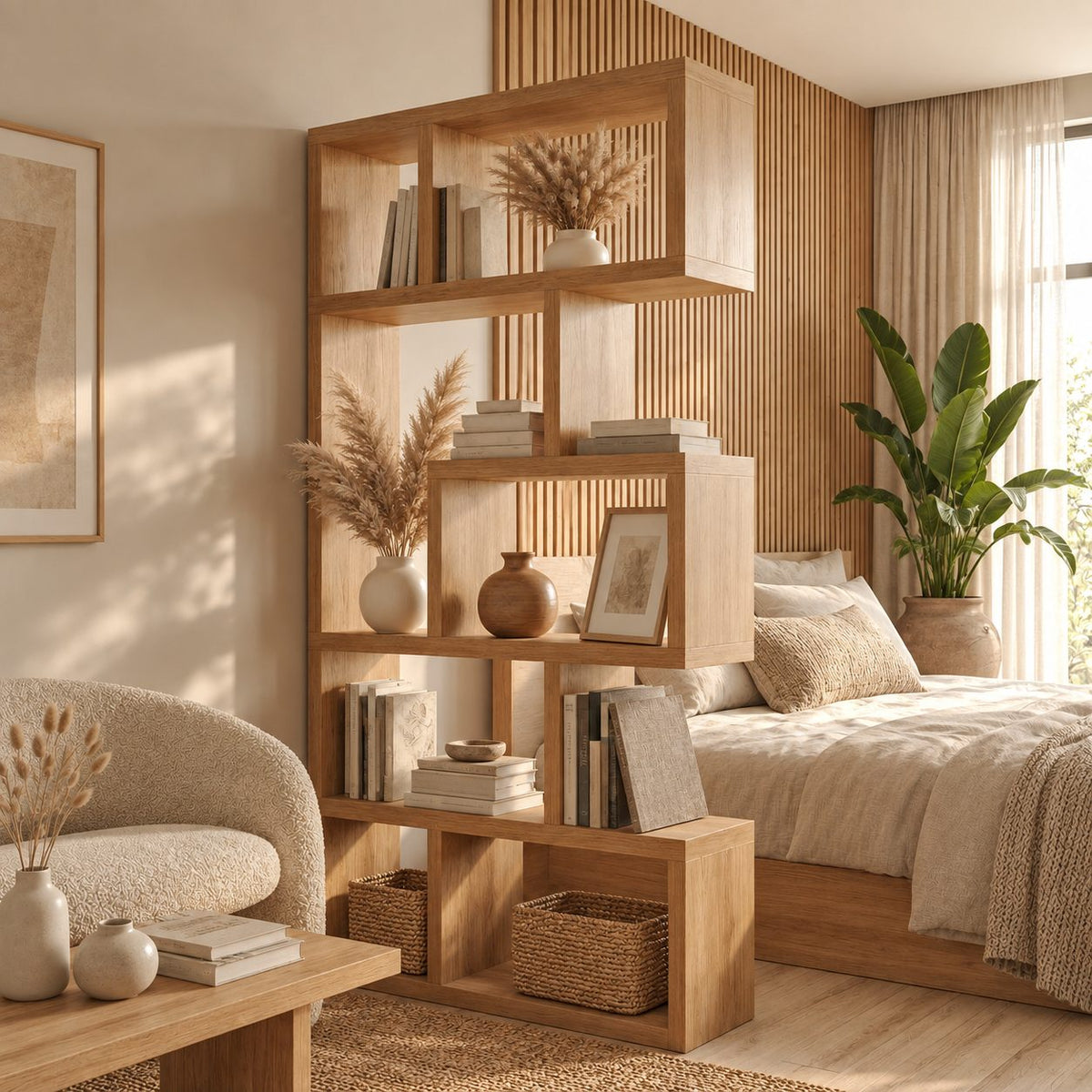 Room Divider Bookshelf with Offset Stacked Cube Cubbies, Narrow Freestanding Mid Century Bookcase