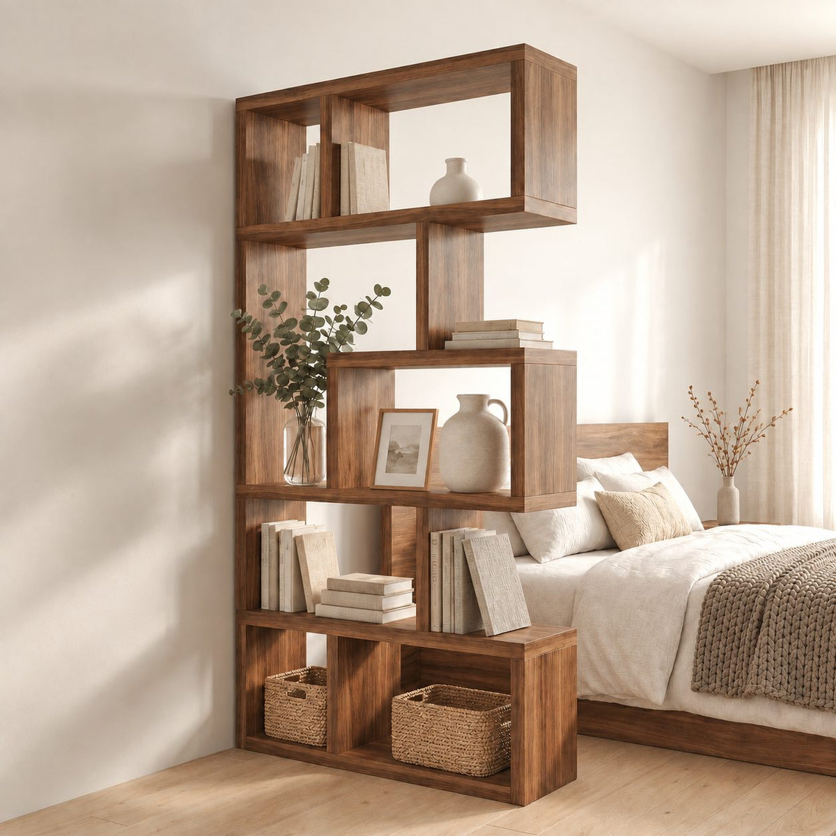 Room Divider Bookshelf with Offset Stacked Cube Cubbies, Narrow Freestanding Mid Century Bookcase