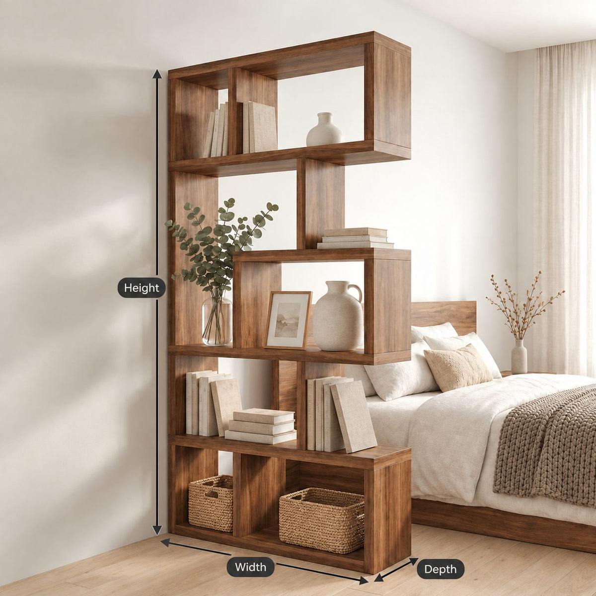 Room Divider Bookshelf with Offset Stacked Cube Cubbies, Narrow Freestanding Mid Century Bookcase