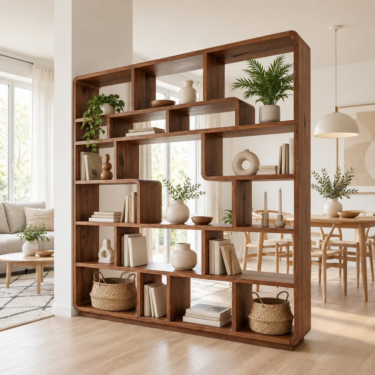 Room Divider Bookcase with Rounded Corners and Curved Cubby Dividers, Mid Century Statement Shelf
