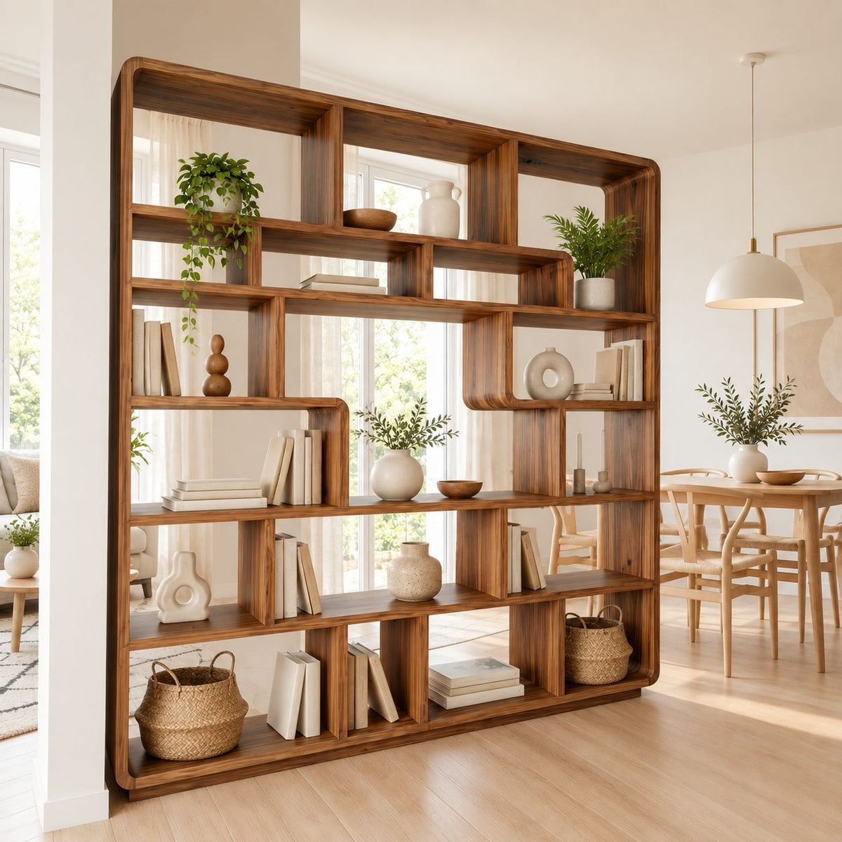Room Divider Bookcase with Rounded Corners and Curved Cubby Dividers, Mid Century Statement Shelf