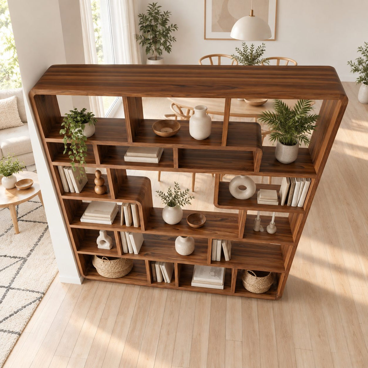 Room Divider Bookcase with Rounded Corners and Curved Cubby Dividers, Mid Century Statement Shelf