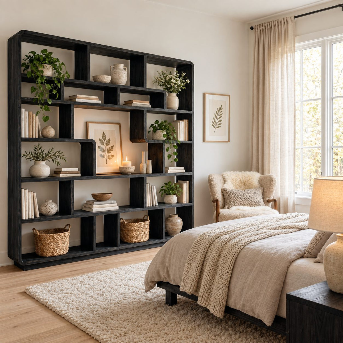 Room Divider Bookcase with Rounded Corners and Curved Cubby Dividers, Mid Century Statement Shelf