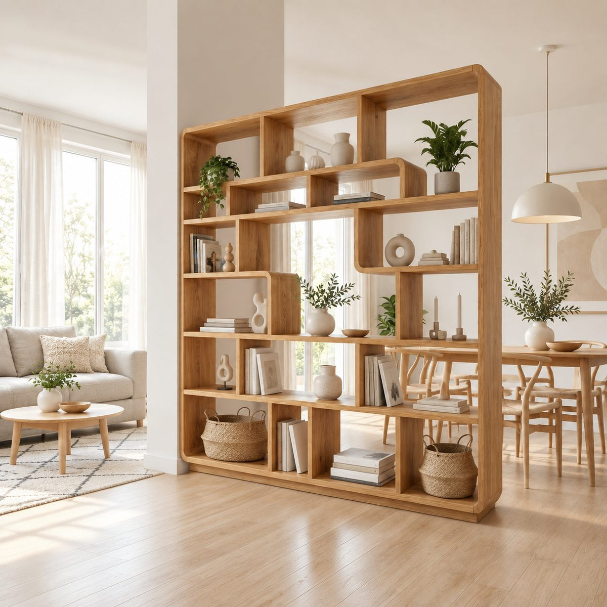 Room Divider Bookcase with Rounded Corners and Curved Cubby Dividers, Mid Century Statement Shelf