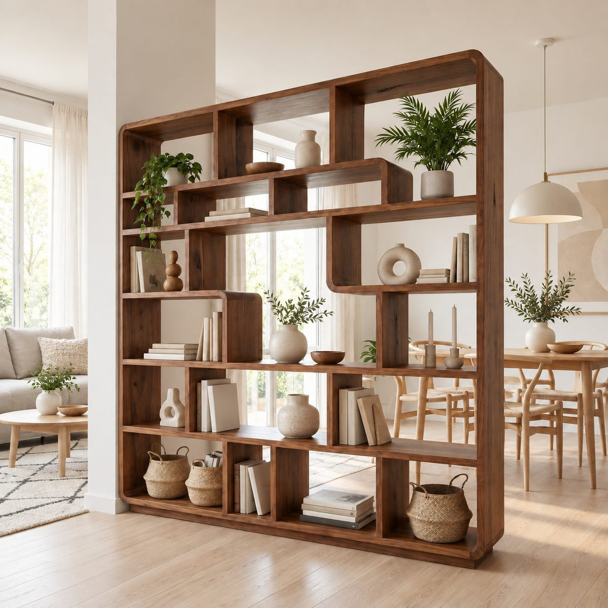 Room Divider Bookcase with Rounded Corners and Curved Cubby Dividers, Mid Century Statement Shelf