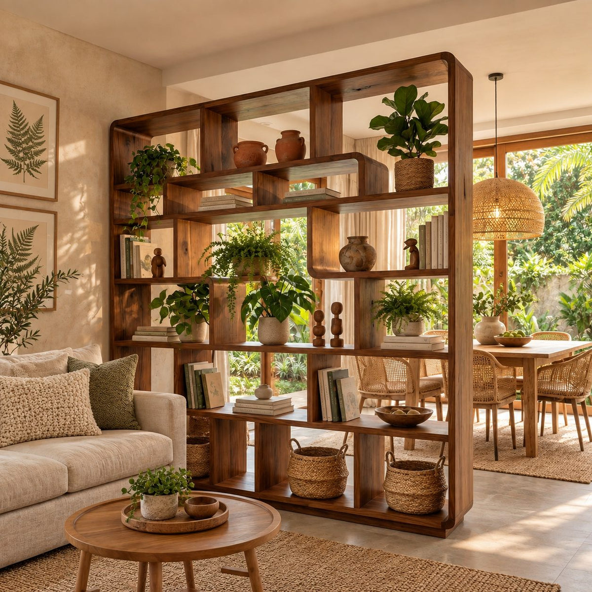 Room Divider Bookcase with Rounded Corners and Curved Cubby Dividers, Mid Century Statement Shelf