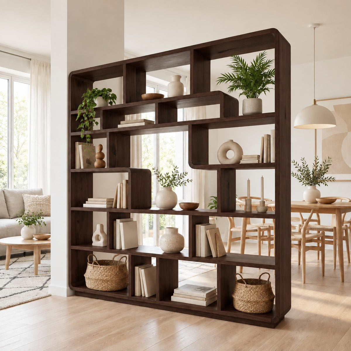 Room Divider Bookcase with Rounded Corners and Curved Cubby Dividers, Mid Century Statement Shelf