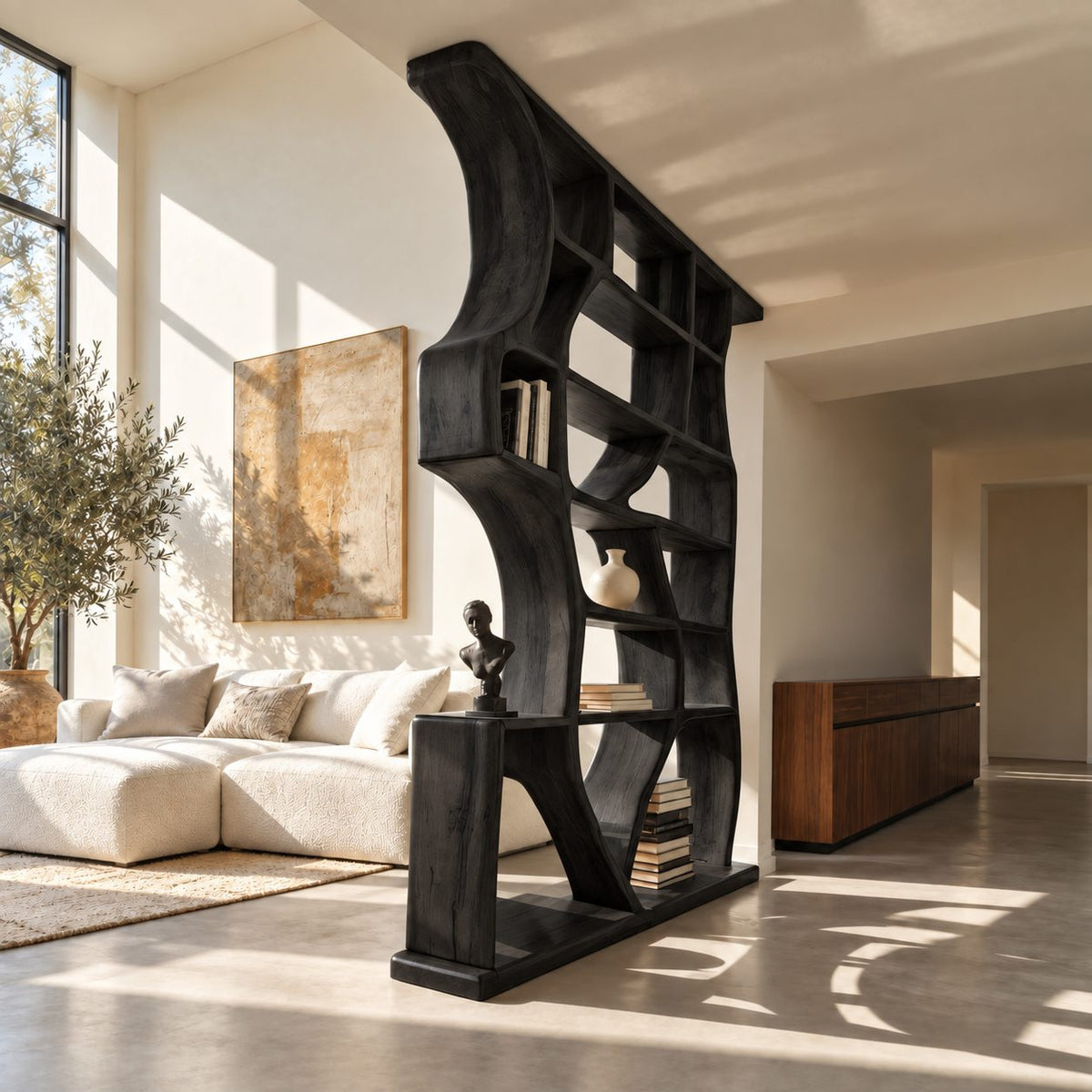 Sculptural Room Divider Bookshelf with Flowing Organic Frame, Tall Open Shelf Partition