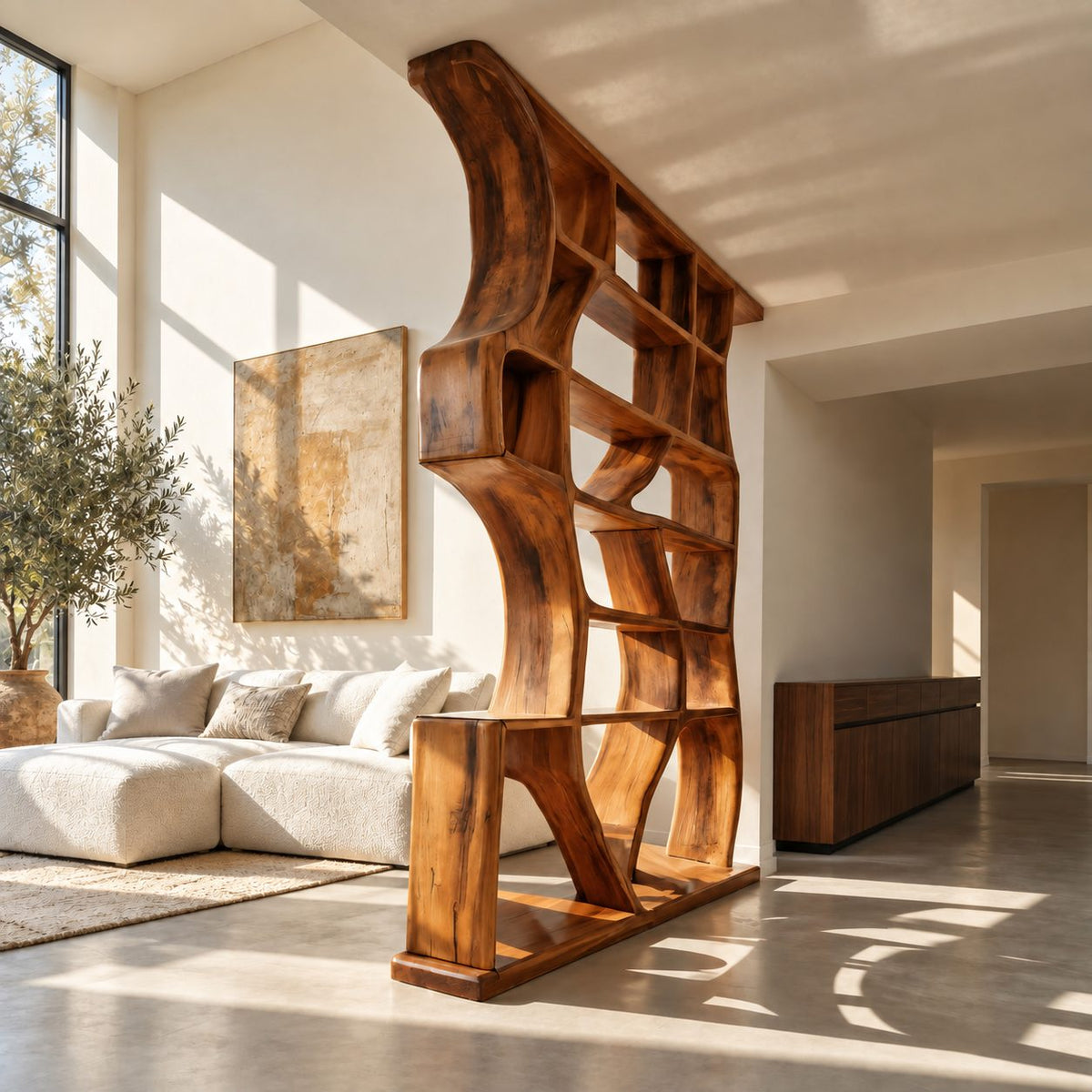 Sculptural Room Divider Bookshelf with Flowing Organic Frame, Tall Open Shelf Partition
