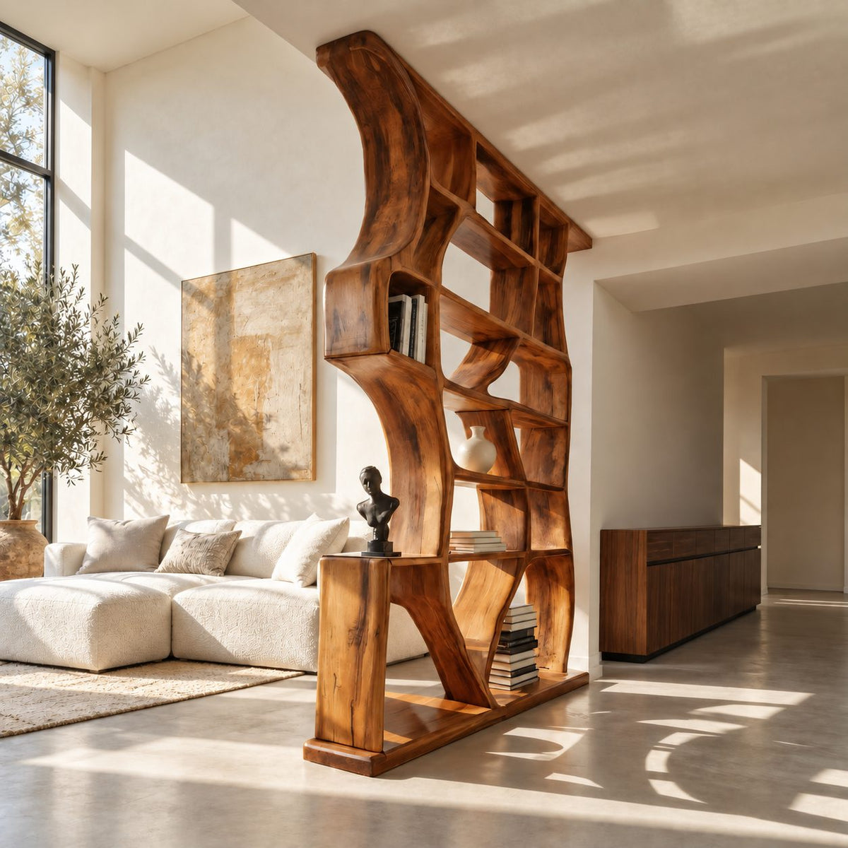 Sculptural Room Divider Bookshelf with Flowing Organic Frame, Tall Open Shelf Partition