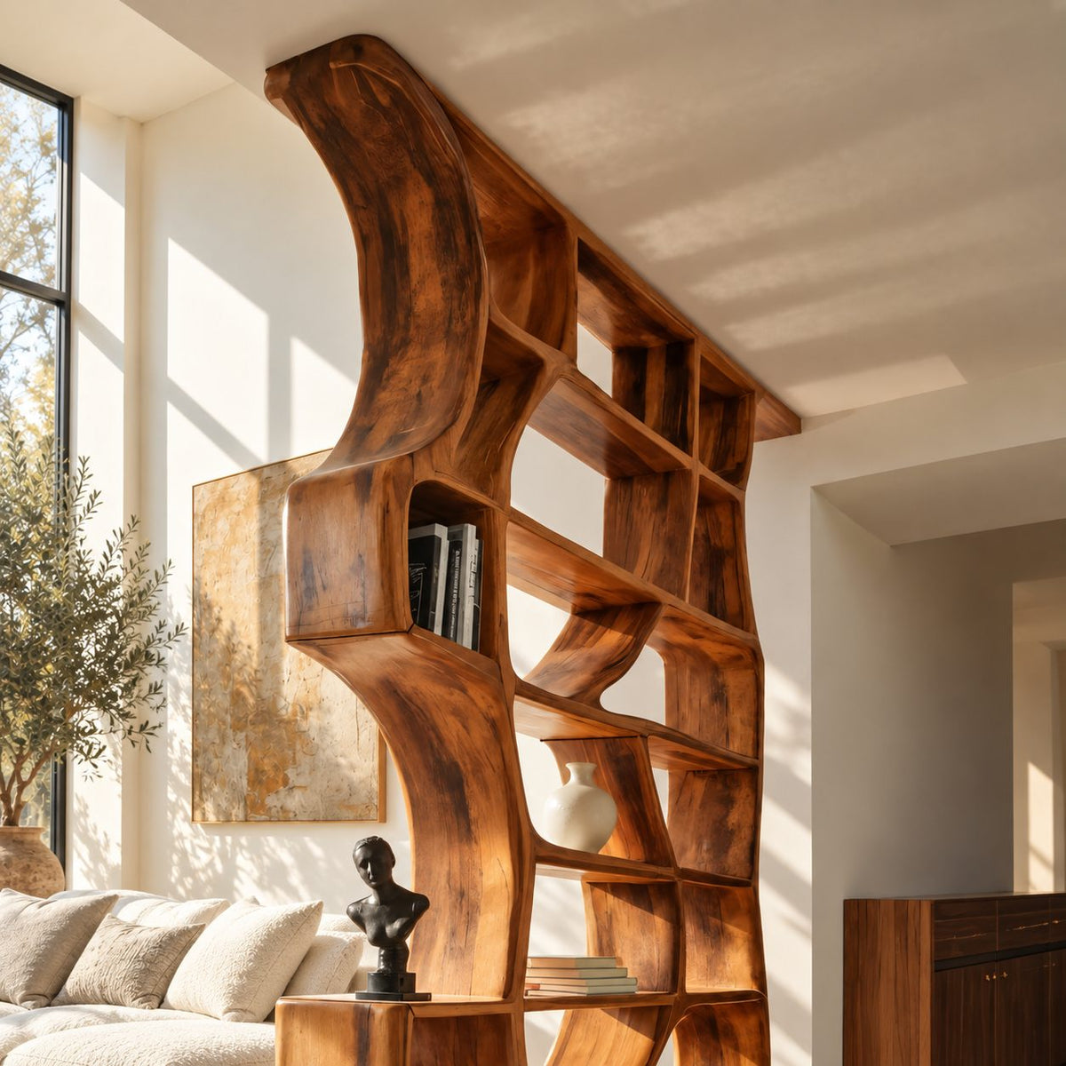 Sculptural Room Divider Bookshelf with Flowing Organic Frame, Tall Open Shelf Partition