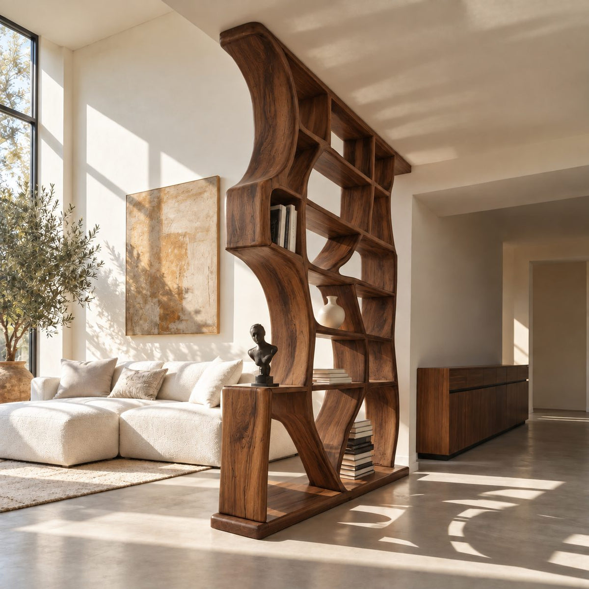 Sculptural Room Divider Bookshelf with Flowing Organic Frame, Tall Open Shelf Partition