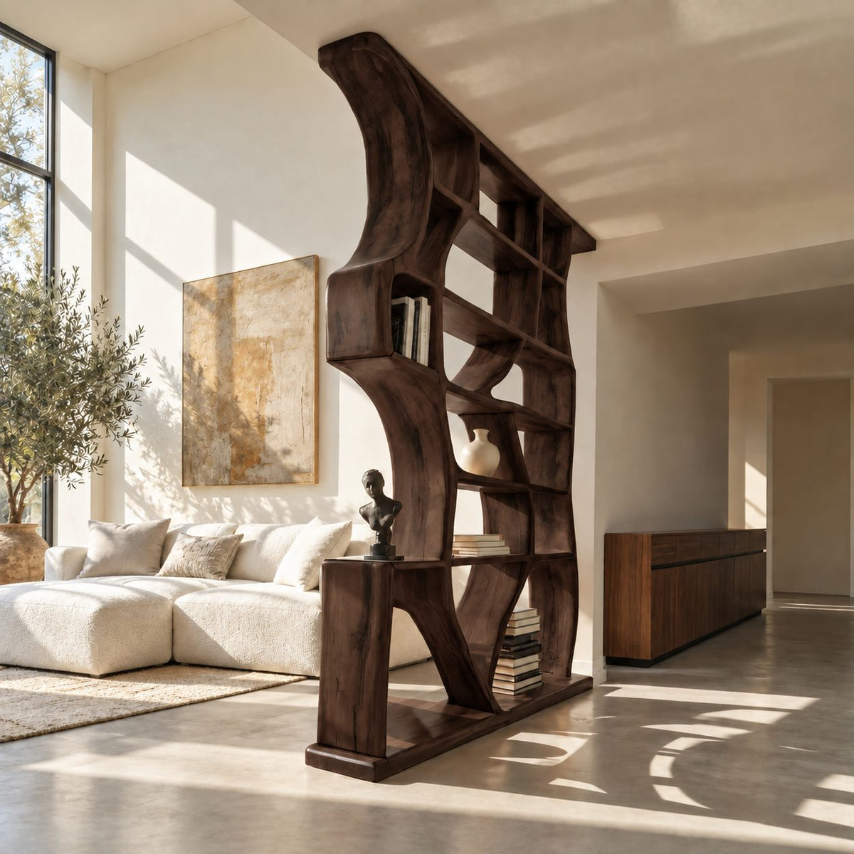 Sculptural Room Divider Bookshelf with Flowing Organic Frame, Tall Open Shelf Partition