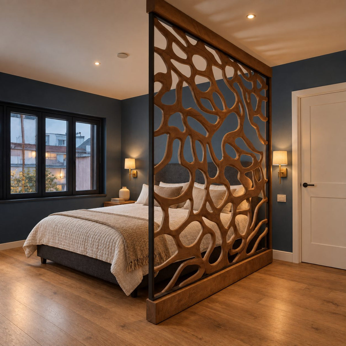 Wooden Room Divider Screen with Dense Organic Openwork, Framed Carved Panel for Bedroom