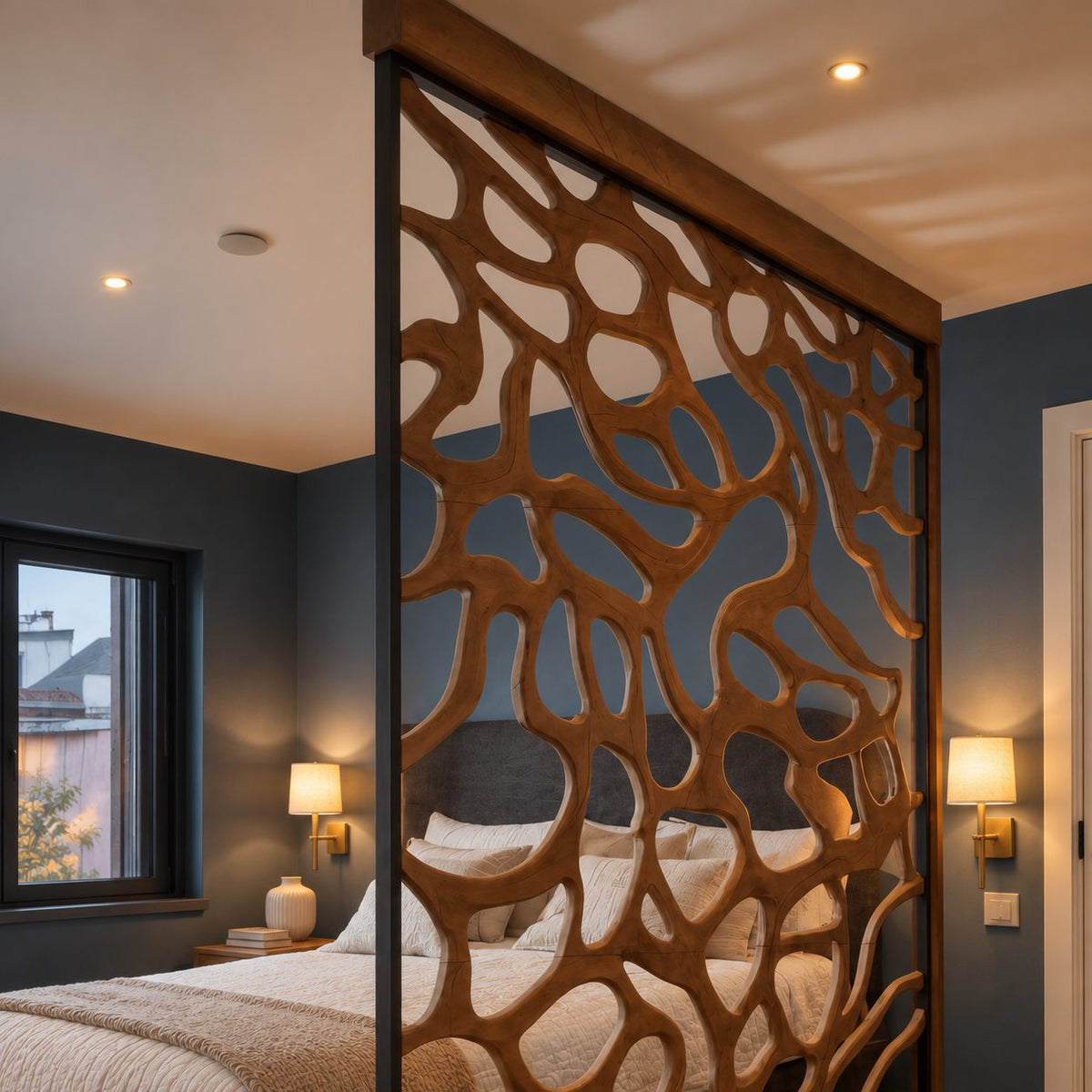 Wooden Room Divider Screen with Dense Organic Openwork, Framed Carved Panel for Bedroom