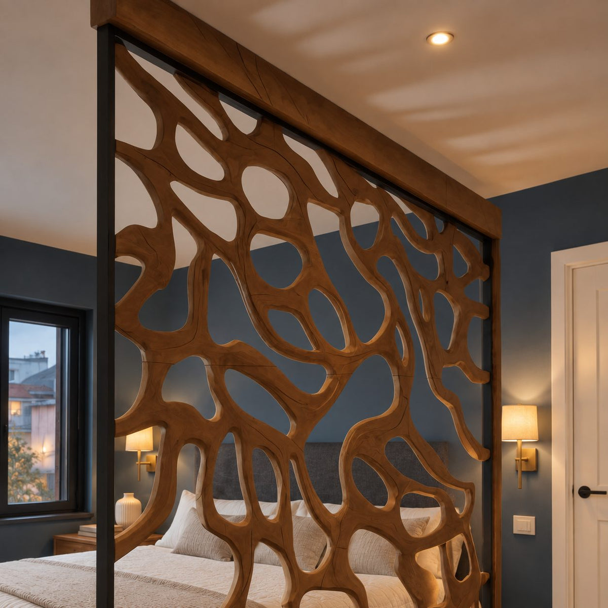 Wooden Room Divider Screen with Dense Organic Openwork, Framed Carved Panel for Bedroom
