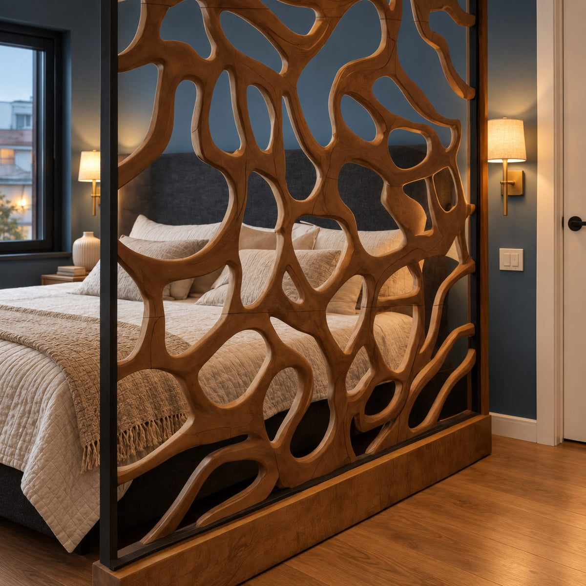 Wooden Room Divider Screen with Dense Organic Openwork, Framed Carved Panel for Bedroom