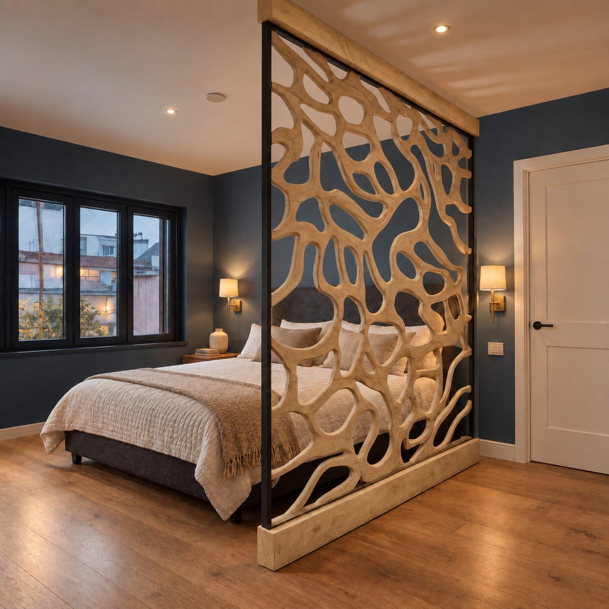 Wooden Room Divider Screen with Dense Organic Openwork, Framed Carved Panel for Bedroom