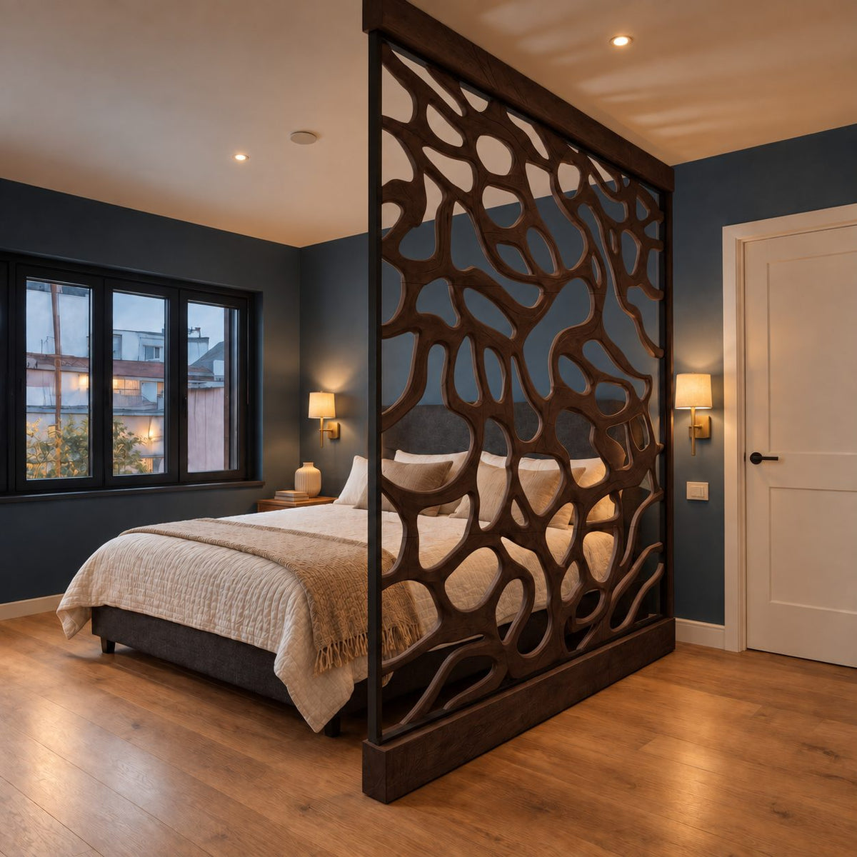 Wooden Room Divider Screen with Dense Organic Openwork, Framed Carved Panel for Bedroom