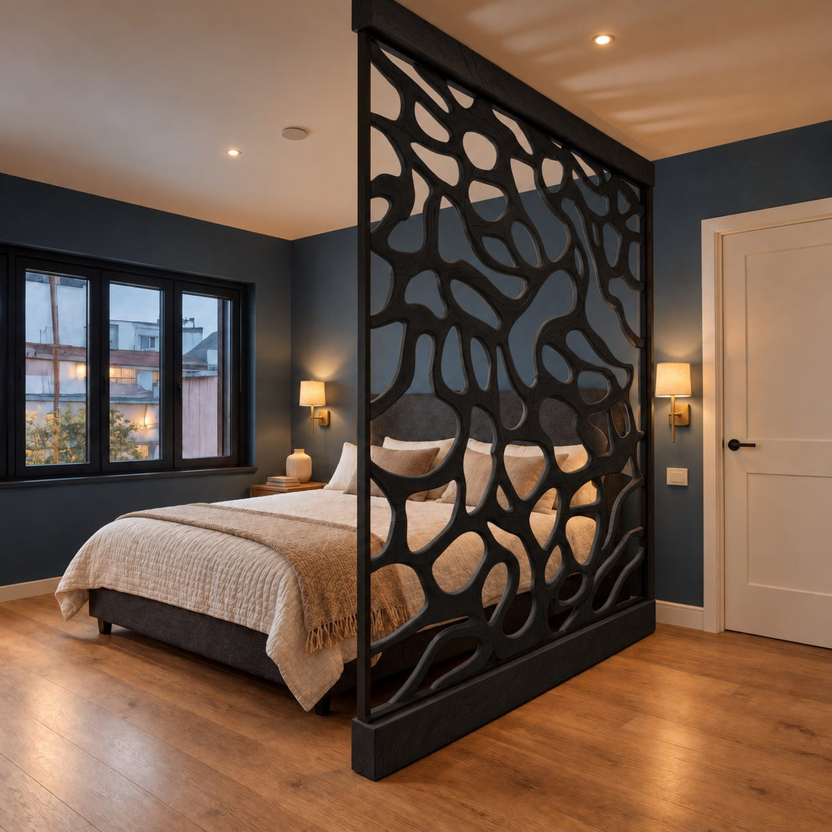 Wooden Room Divider Screen with Dense Organic Openwork, Framed Carved Panel for Bedroom