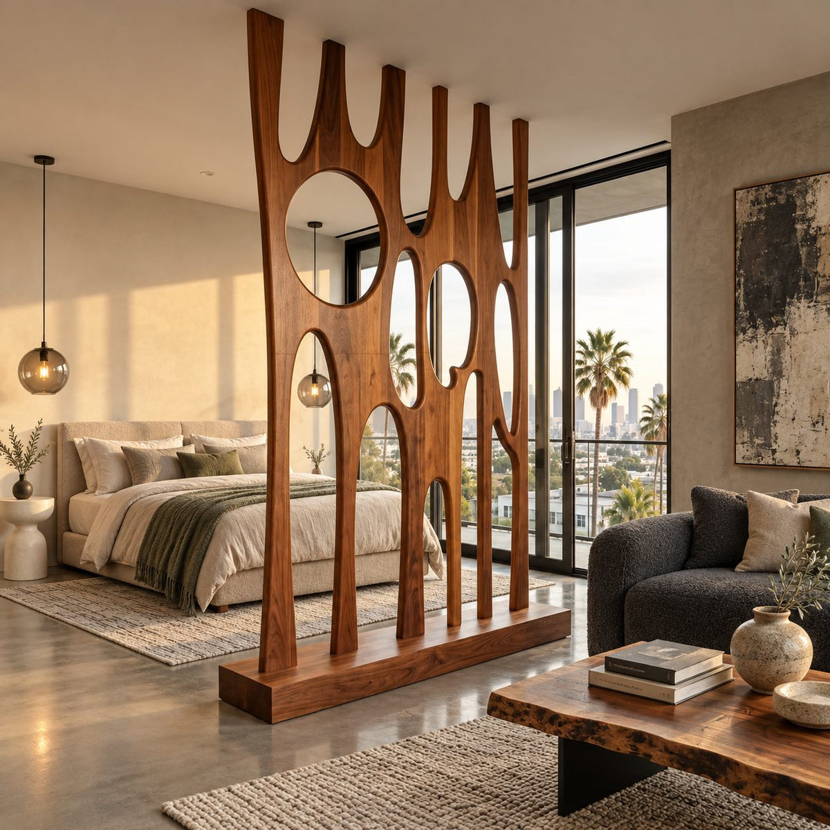 Sculptural Wooden Room Divider with Tall Carved Fingers and Round Openings on Solid Base