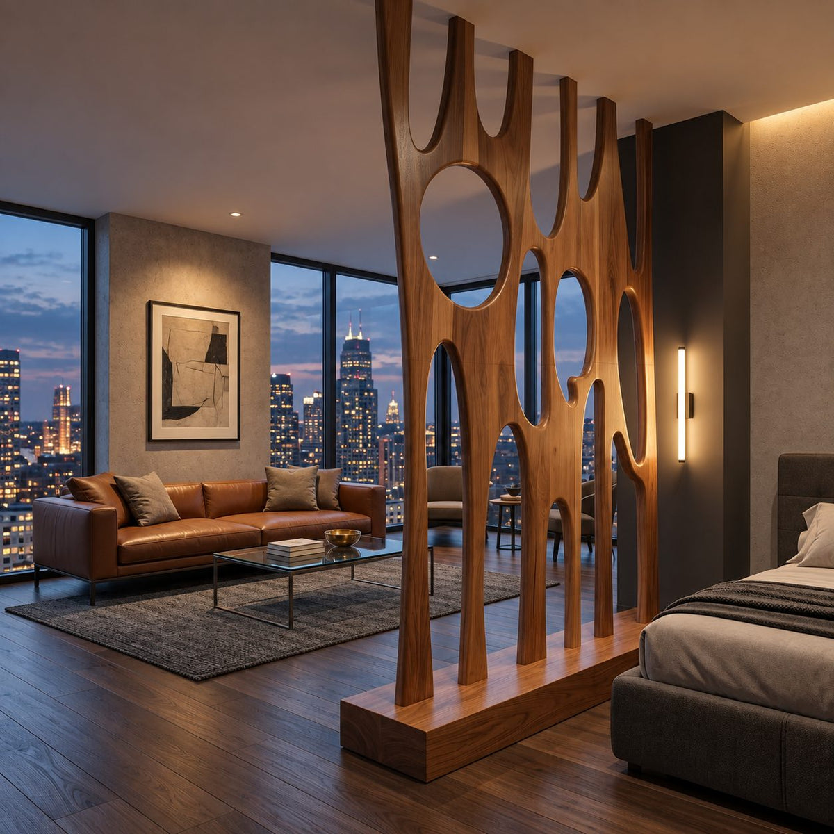 Sculptural Wooden Room Divider with Tall Carved Fingers and Round Openings on Solid Base