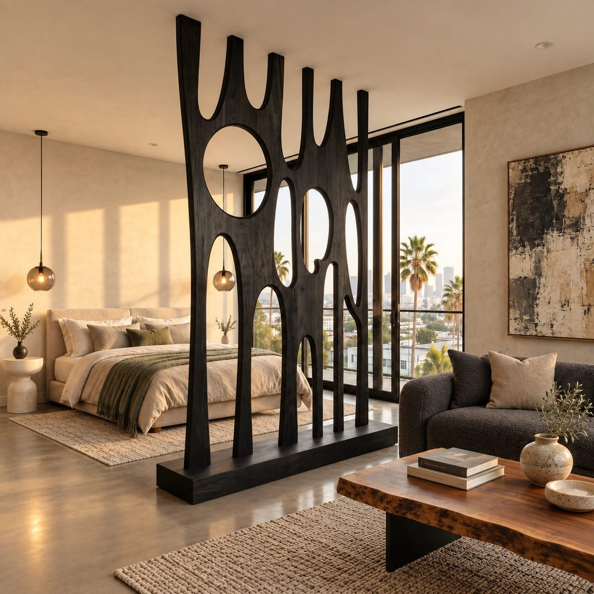 Sculptural Wooden Room Divider with Tall Carved Fingers and Round Openings on Solid Base