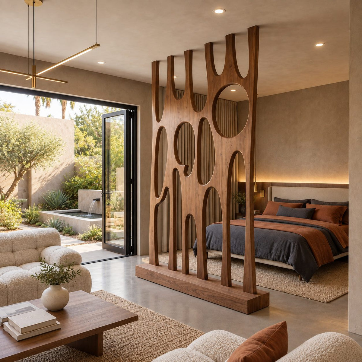 Sculptural Wooden Room Divider with Tall Carved Fingers and Round Openings on Solid Base